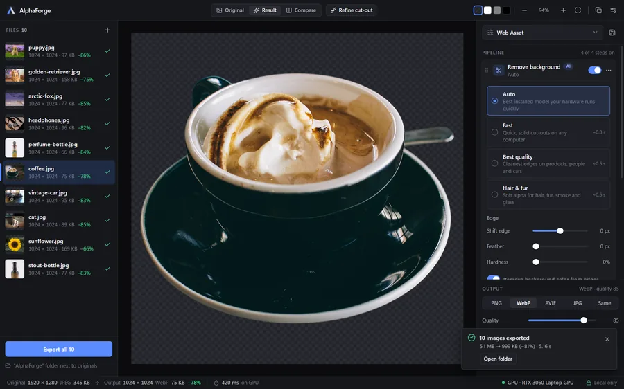 Batch export of ten files with the Web Asset preset