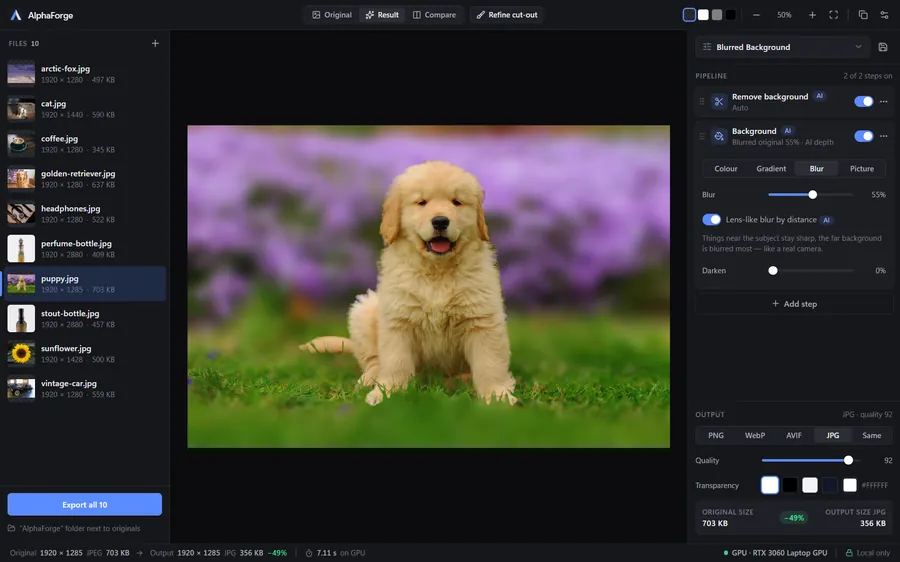 Blurred Background preset: the puppy stays sharp, the flowers behind it are blurred by distance