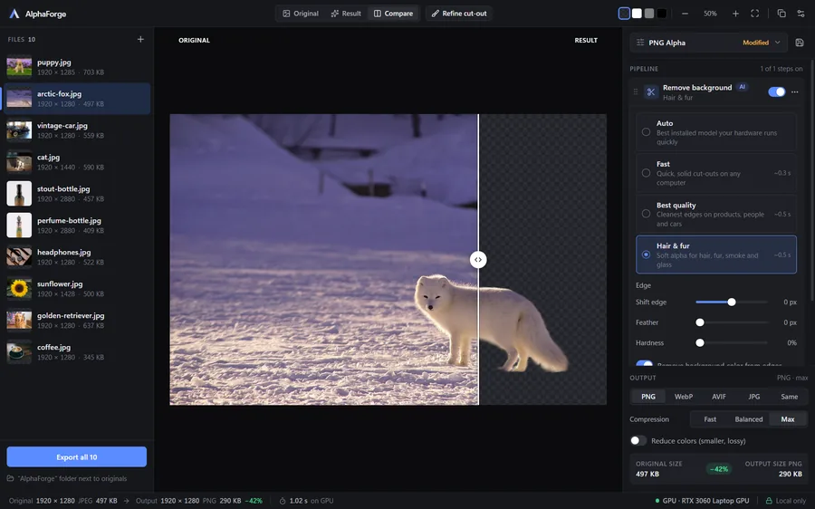 Before/after comparison of an arctic fox cut-out