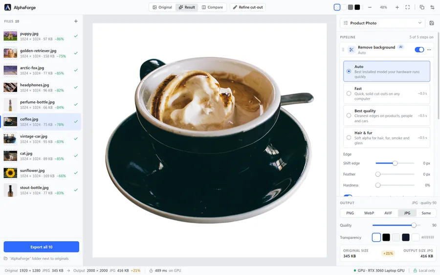 Light theme with the Product Photo preset on a coffee cup