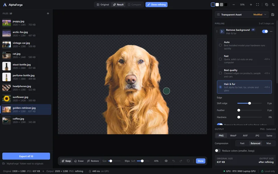 Refine cut-out mode with the Keep brush