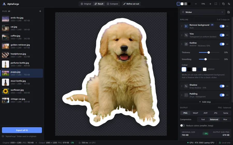 Sticker preset: the puppy cut out with a white outline and a soft shadow