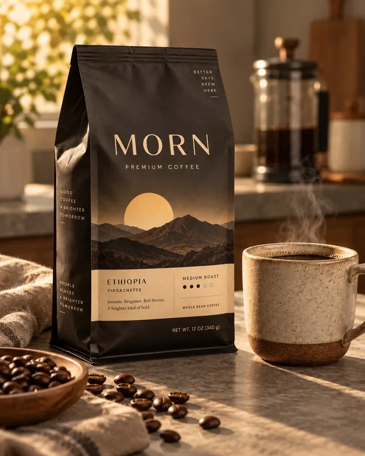 Torebka MORN Ethiopia Yirgacheffe, kawa ziarnista 340 g, na kamiennym blacie obok kubka kawy i miseczki ziaren