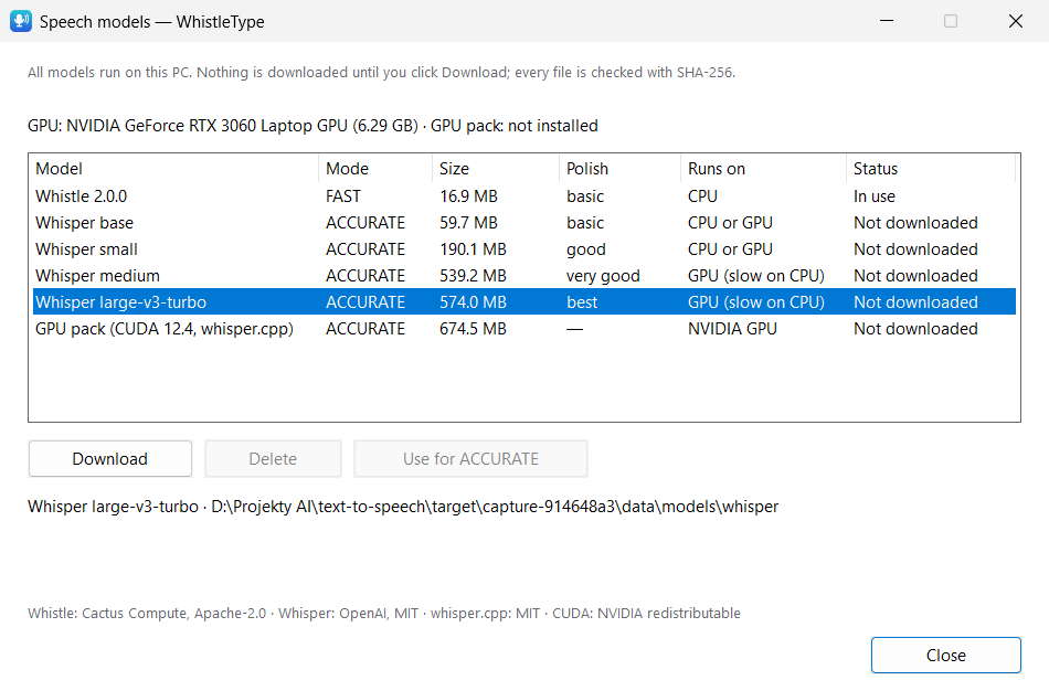 Speech models window listing Whistle, four Whisper models and the GPU pack with size, Polish quality and status