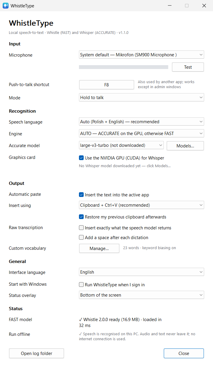Settings window: microphone, shortcut, recognition engine, output and status